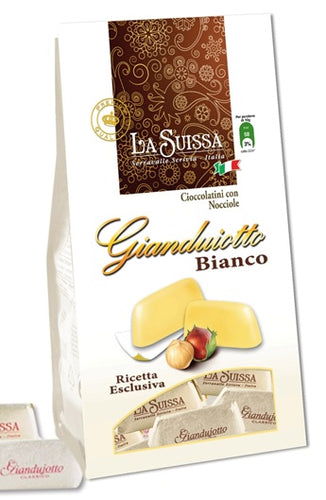 White Gianduiotto Bianco Chocolates in Square-bottom Bag. Display Cases